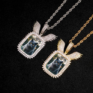 New Hip Hop Rectangle Memory Picture Pendants Custom Diamond Square Medallions Iced Out Angel Wing Photo Pendant Women Necklaces