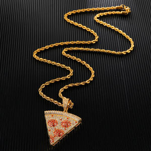 Hip hop hot selling fashion brand pop hip-hop copper micro inlaid with zircon color gold pizza Pendant Necklace