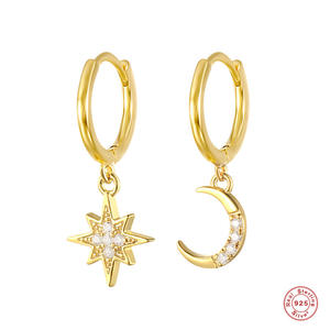 New CZ Moon Star Dangle Small Hoop Earrings for Women Girls 925 Sterling Silver Charms Crystal Asymmetrical Fashion Fine Earring
