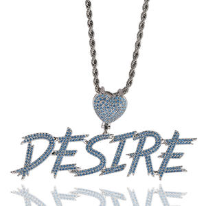 High Quality Hip Hop Jewelry Iced Out Blue CZ Cursive Letter Pendant Personalized Diamond Heart Hook Custom Zircon Name Necklace