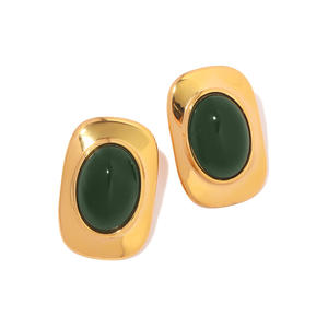 Classic Green Cat Eye Opal Shape Inlaid Stud Earring Waterproof Stainless Steel Stud Earrings 18k Gold Plated Fashion Jewelry