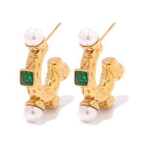 New Wholesale Fashion Waterproof Green Square Zircon 18K Gold Plated Lava Shape Hoop Earring Pearl Surrounded Earrings For Women