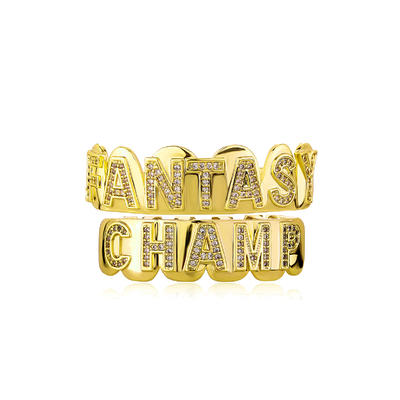 2023 NEW High Quality Iced Out Bling Zircon Brass Teeth Grillz "FANTASY CHAMP" Letters Top Bottom Grillz Teeth Mouth Jewelry Set