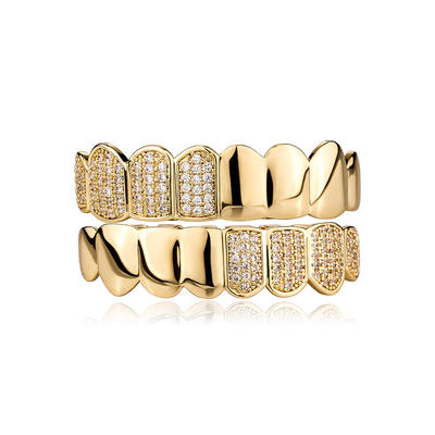 Hip Hop Half CZ Brass Teeth Grillz Bling Iced Out Cubic Zircon Micro Pave Top Bottom Charm Grills Set For Men Women Jewelry Gift