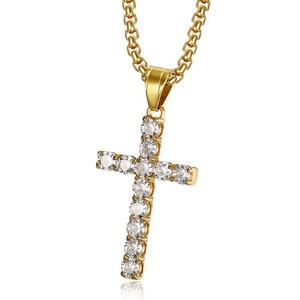 High Quality Water Proof Hip Hop Gold Plated Stainless Steel Crystal Rhinestone Christian Jesus Cross Pendant Necklace Jewelry