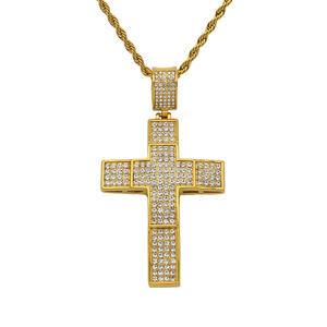 New Iced Out Bling Vintage Double Cross Necklaces Gold Plated Stainless Steel Icy Christian Jesus Cross Pendant Necklace Jewelry