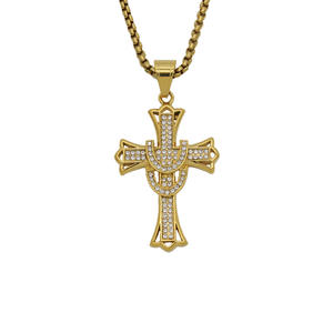 Iced Out Cross Crystal Pendant Stainless Steel Gold Plated Charm Necklace Hip Hop Christian Jesus Cross Pendant Necklace Jewelry