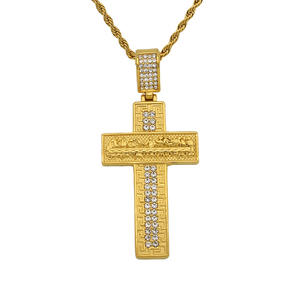 Wholesale Hip Hop Rhinestone Jewelry Stainless Steel Gold Plated Iced Out Crystal Christian Jesus Cross Pendant Necklace Jewelry
