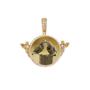 Hip Hop DIY Custom Photo Frame Bling Brass Iced Out Full CZ Zircon Double Little Angels Circle Memory Picture Pendant Necklaces