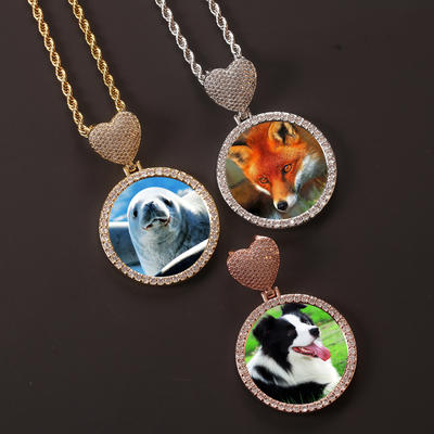 New Creative Heart Hook Circle Photo Pendant Necklace DIY Iced Out Zircon Photo Frame Pendant Men Women Hip Hop Necklace Jewelry