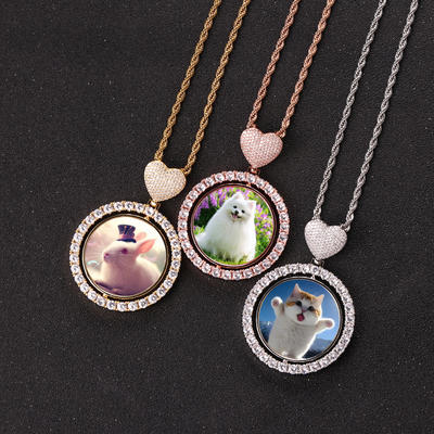 Hip Hop Custom Rotating Round Double Sided Heart Hook Photo Pendant Necklace CZ Memory Heart Clasp Picture Pendant For Women Men