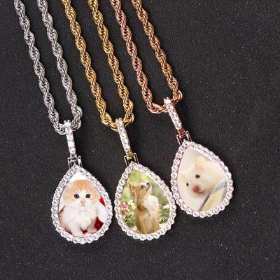HipHop Jewelry Iced Out Cubic Zirconia Memory Medallions Water Drop Necklace Photo Pendant Water droplet Frame Picture Necklaces